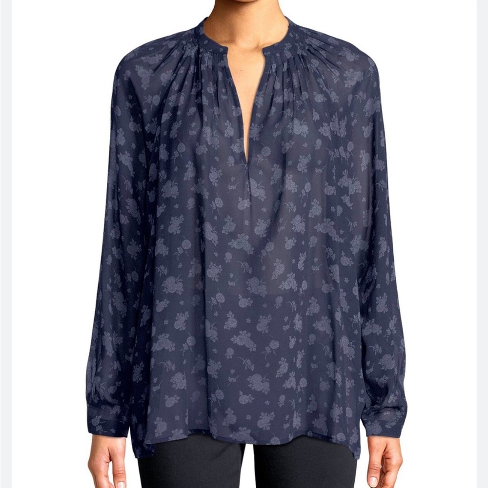 Vince Calico 100% Silk Floral Shirred Neck Coastal Blue Blouse
